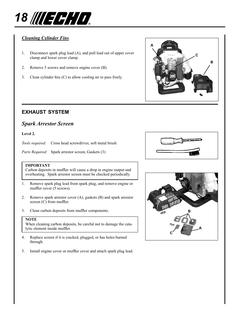 Exhaust system, Spark arrestor screen | Echo PB-620ST User Manual | Page 18 / 28