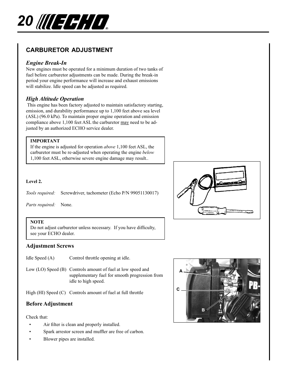 Carburetor adjustment | Echo PB-620ST User Manual | Page 20 / 28