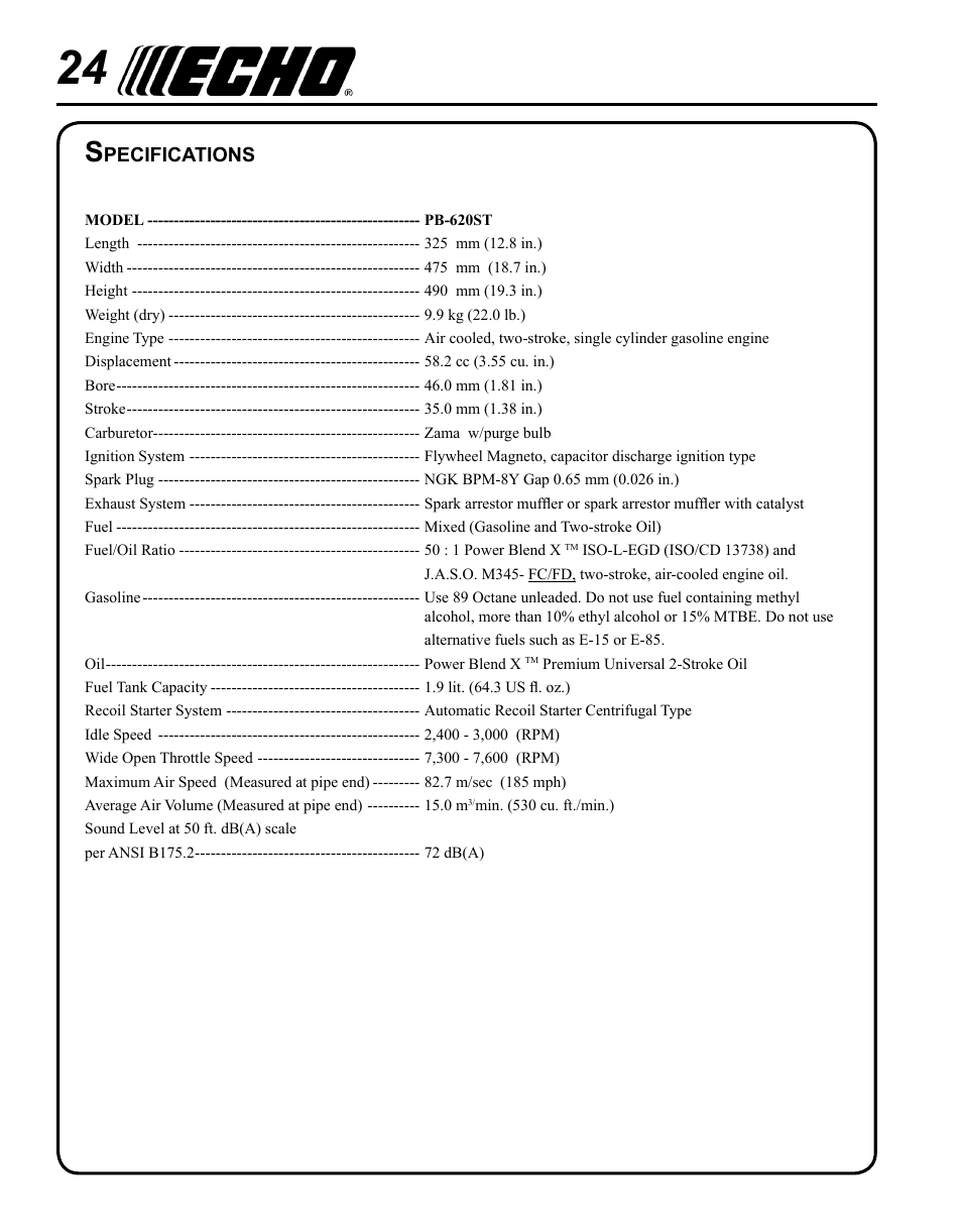 Specifications | Echo PB-620ST User Manual | Page 24 / 28