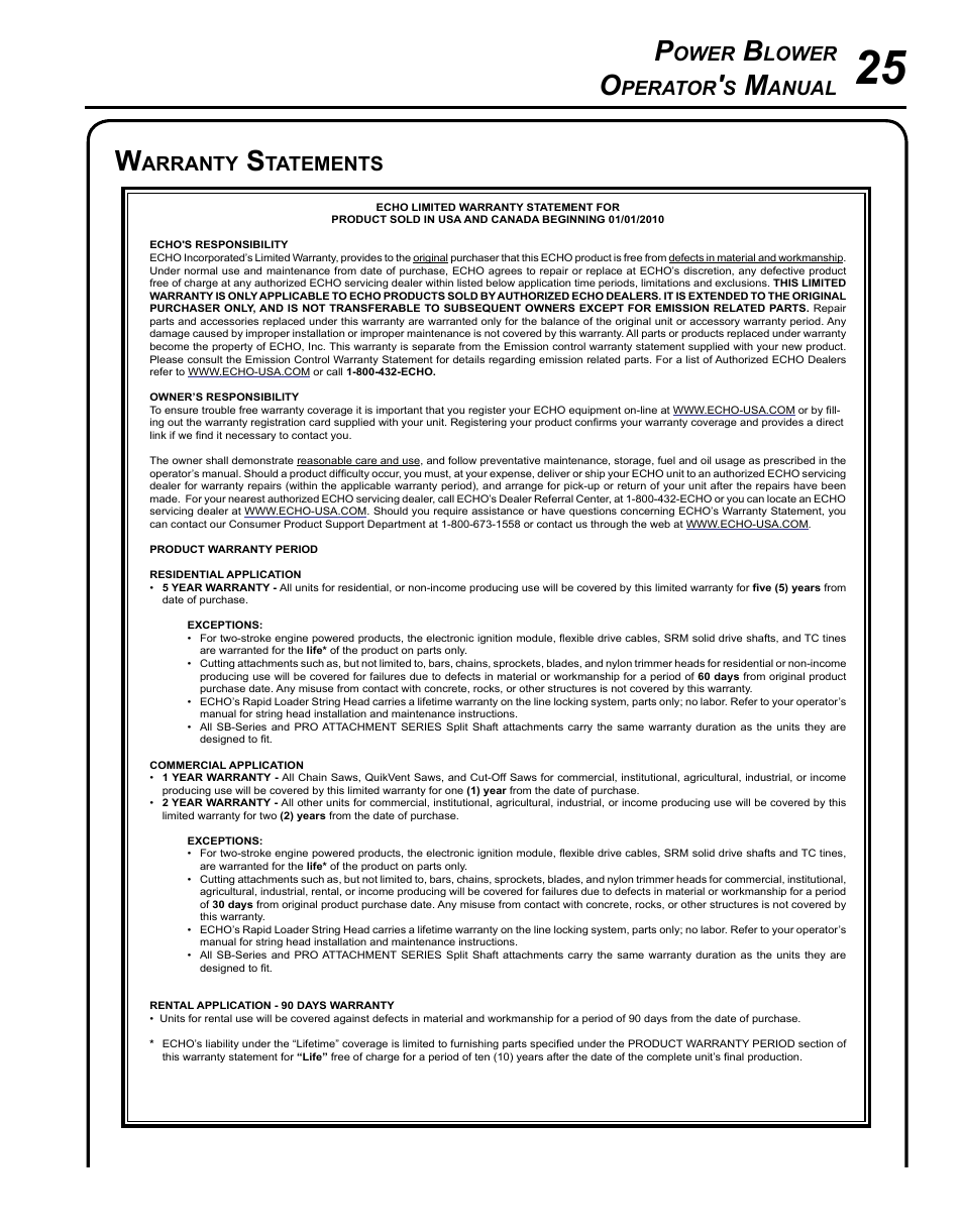Warranty statements, Ower, Lower | Perator, Anual, Arranty, Tatements | Echo PB-620ST User Manual | Page 25 / 28