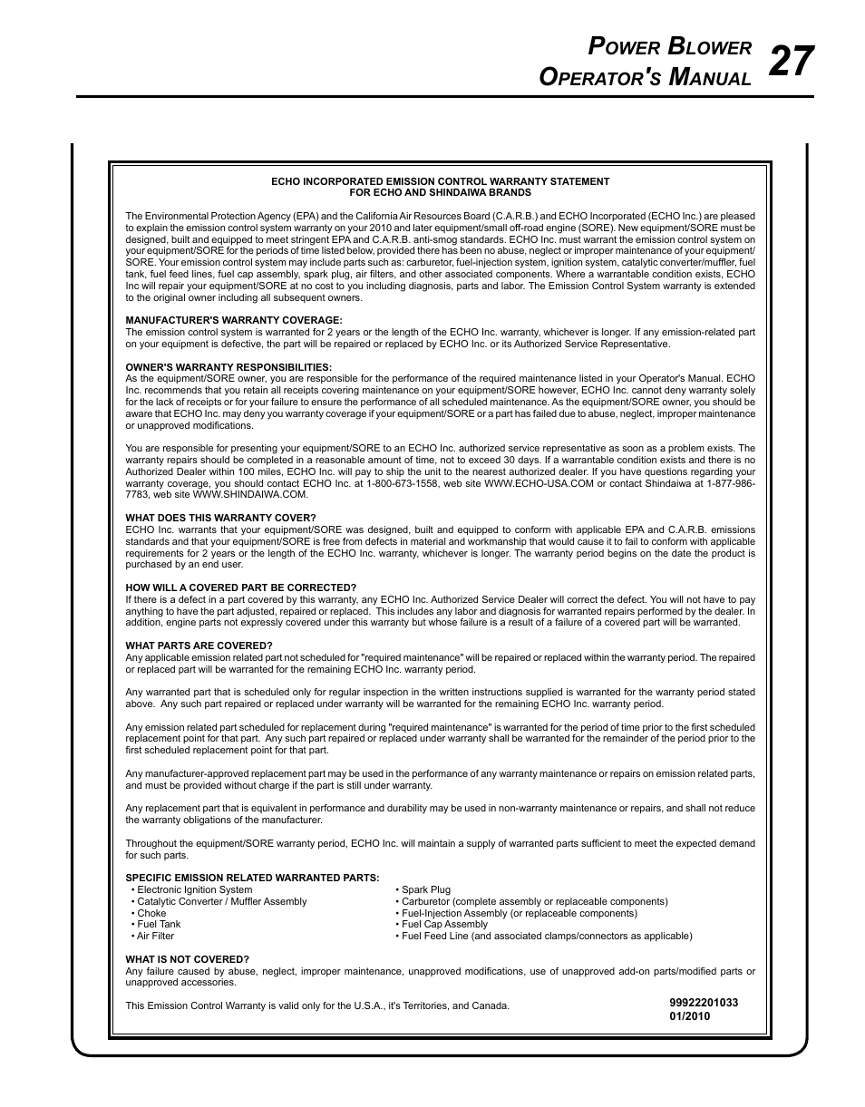 Ower, Lower, Perator | Anual | Echo PB-620ST User Manual | Page 27 / 28