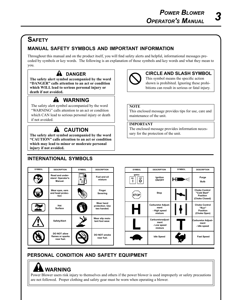Safety, Warning, Caution | Ower, Lower, Perator, Anual international, Symbols personal, Condition, Equipment | Echo PB-620ST User Manual | Page 3 / 28