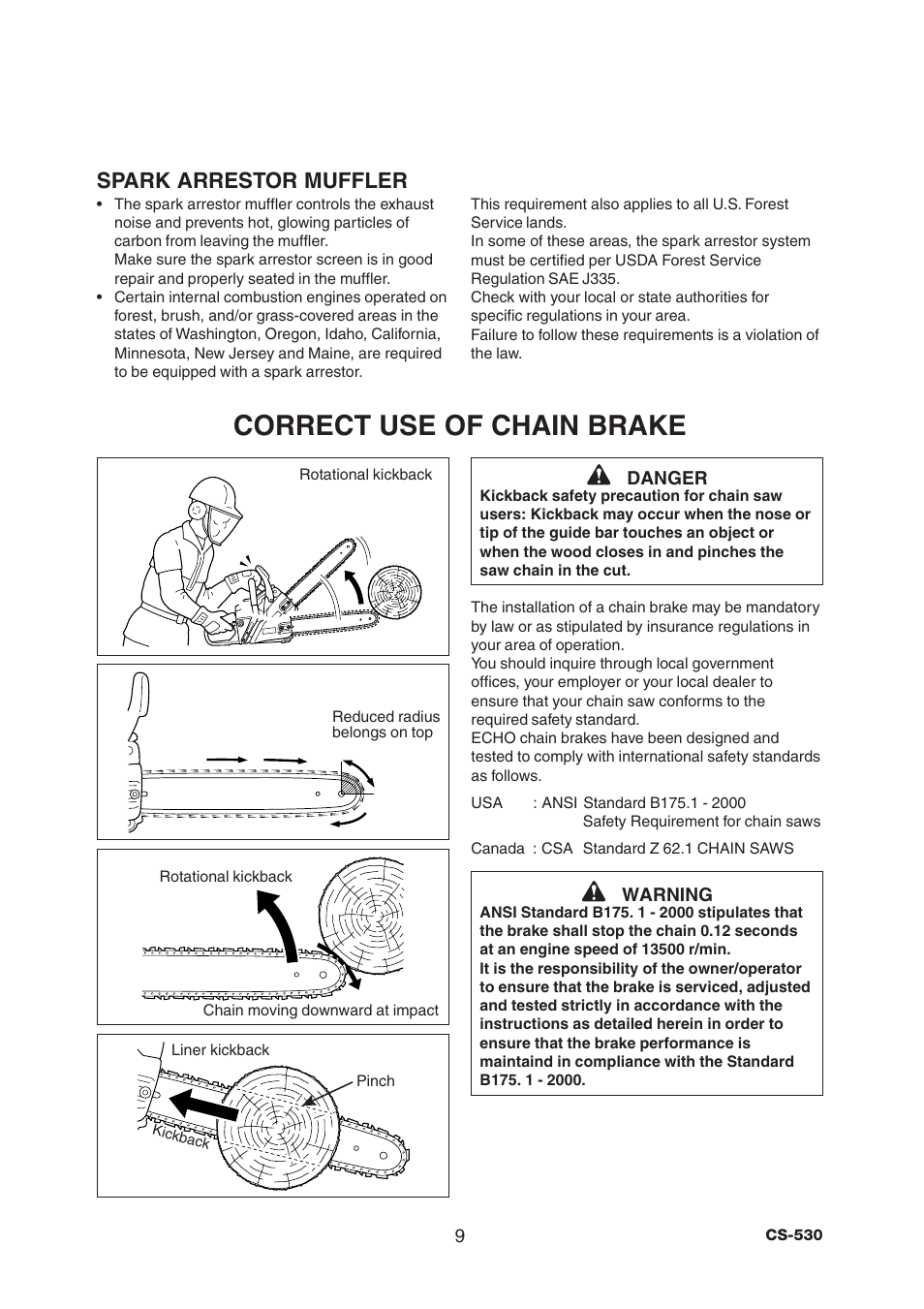 Correct use of chain brake, Spark arrestor muffler | Echo CS-530 User Manual | Page 11 / 32