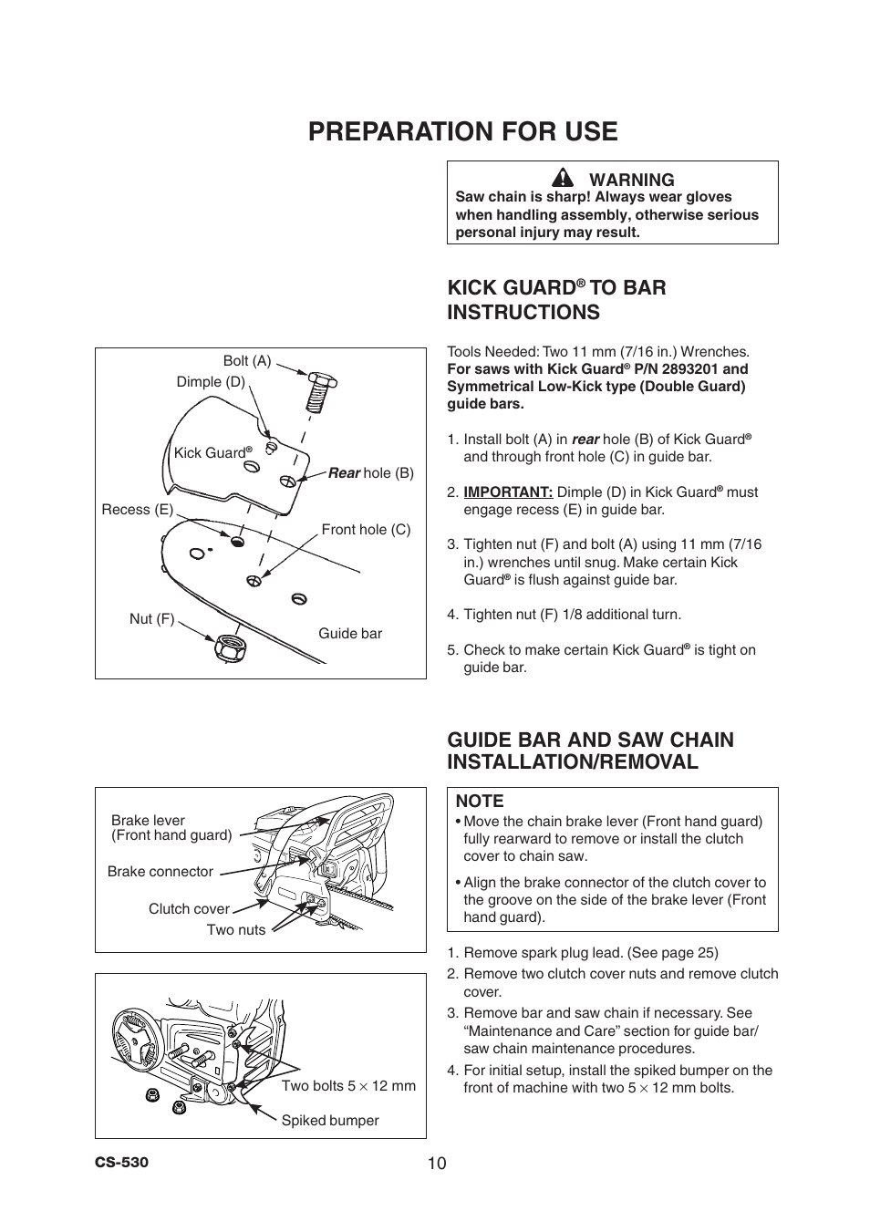 Preparation for use, Kick guard, Guide bar and saw chain installation/removal | Echo CS-530 User Manual | Page 12 / 32