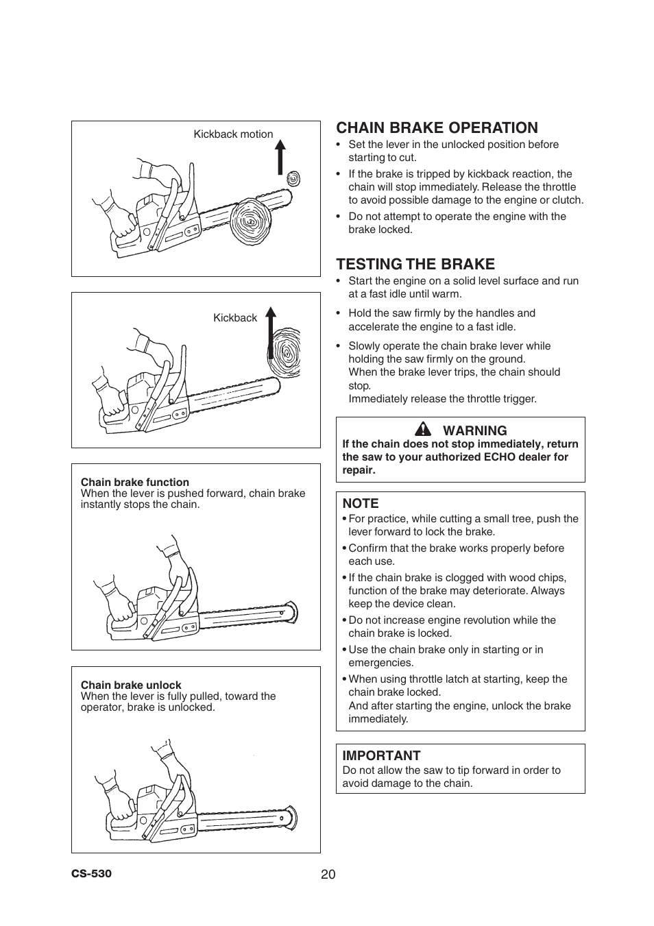 Chain brake operation, Testing the brake | Echo CS-530 User Manual | Page 22 / 32
