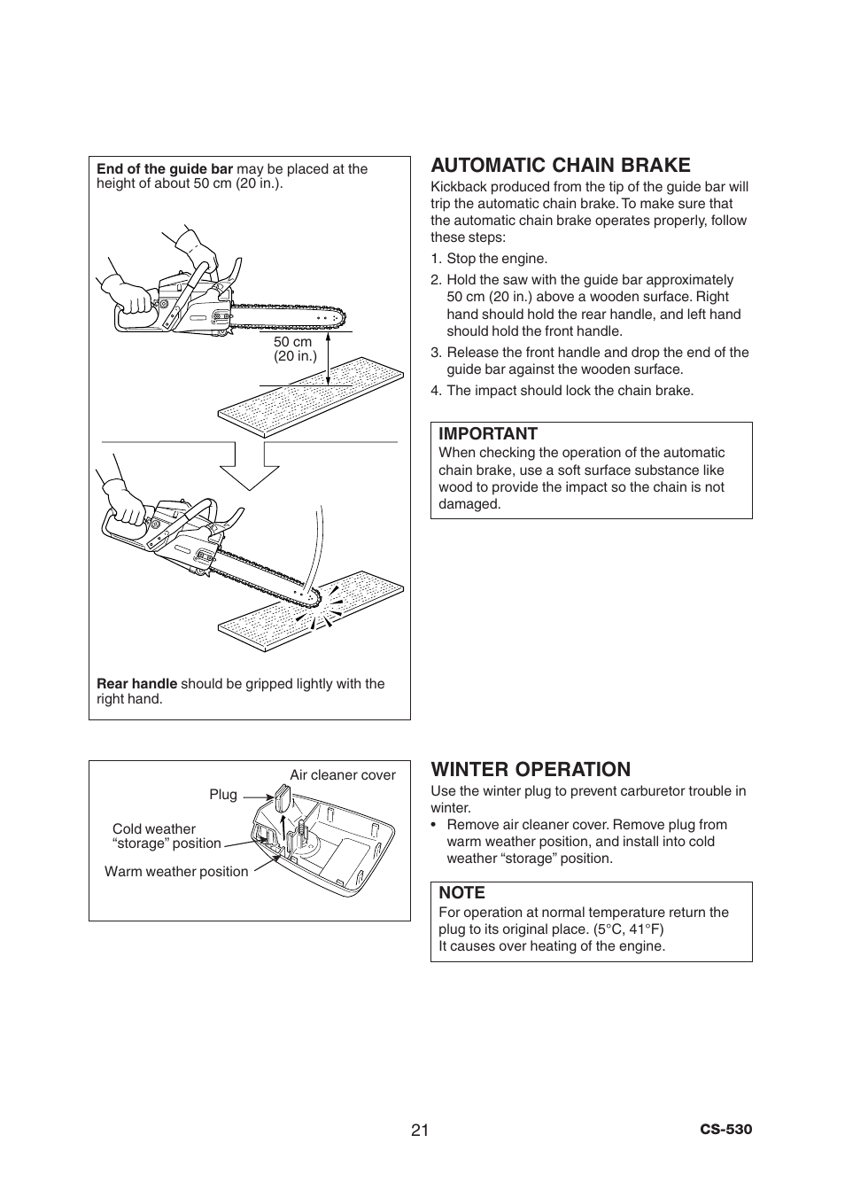 Automatic chain brake, Winter operation | Echo CS-530 User Manual | Page 23 / 32