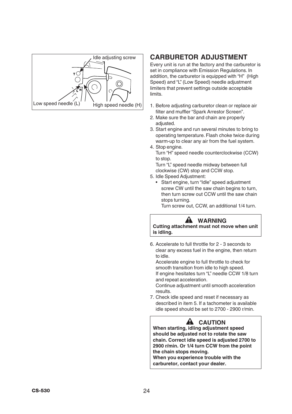 Carburetor adjustment | Echo CS-530 User Manual | Page 26 / 32