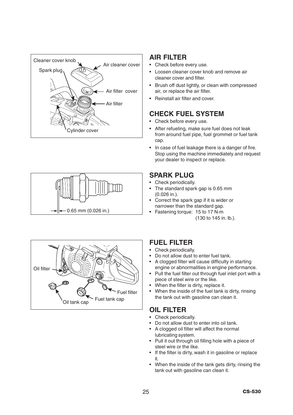 Air filter, Check fuel system, Spark plug | Fuel filter, Oil filter | Echo CS-530 User Manual | Page 27 / 32