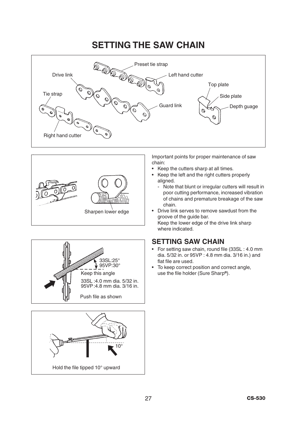 Setting the saw chain, Setting saw chain | Echo CS-530 User Manual | Page 29 / 32