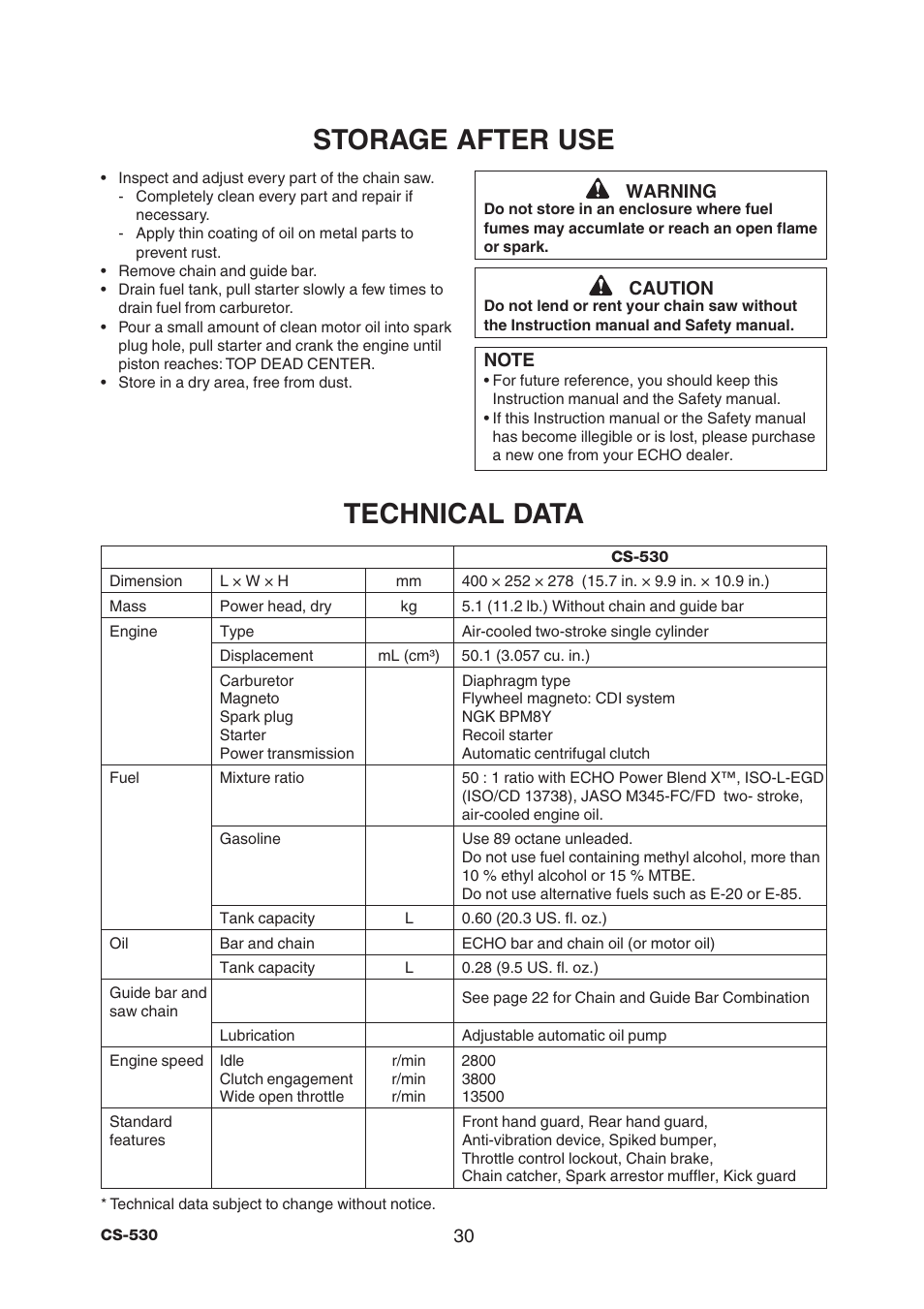 Storage after use technical data | Echo CS-530 User Manual | Page 32 / 32