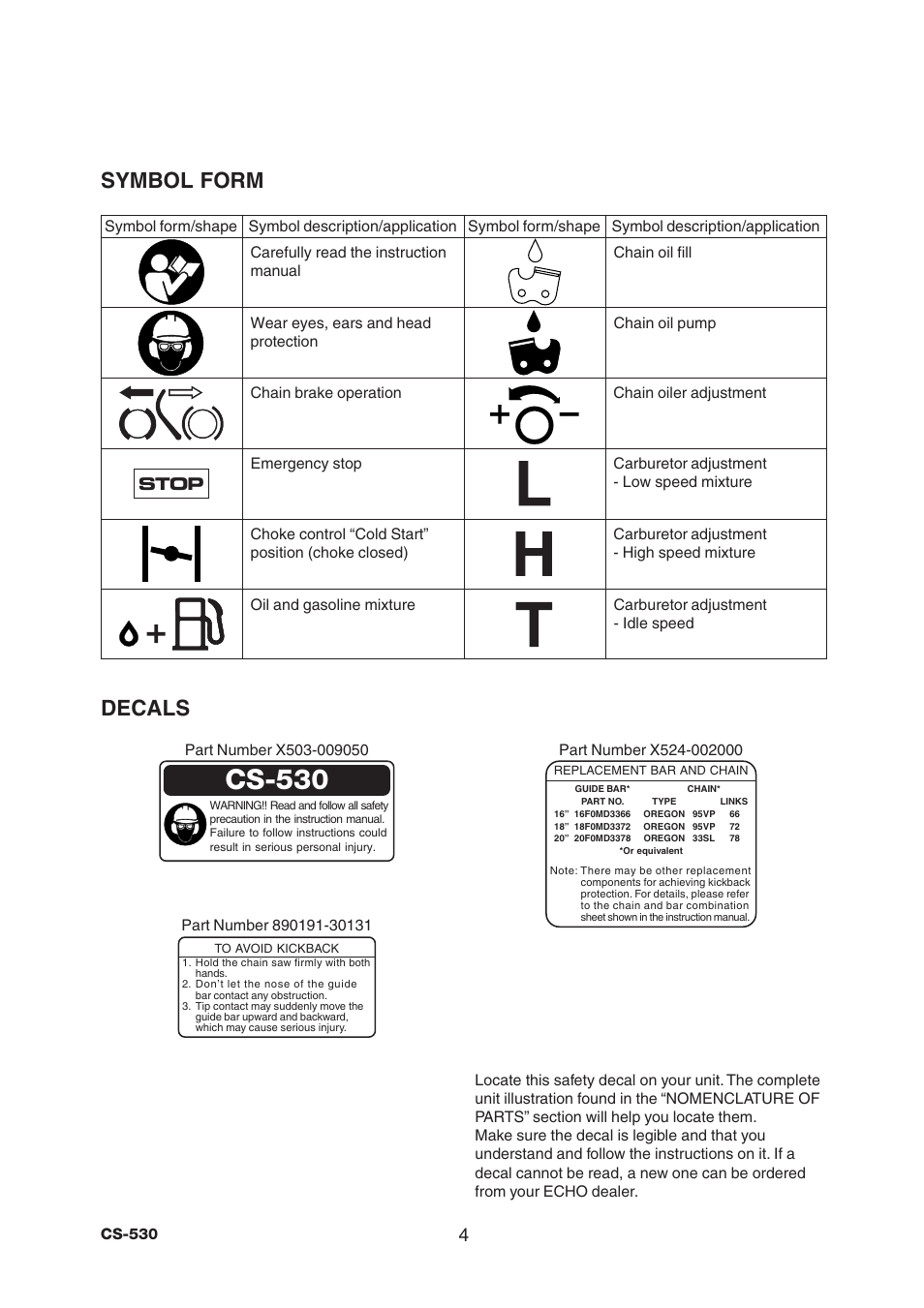 Cs-530, Decals, Symbol form | Stop | Echo CS-530 User Manual | Page 6 / 32