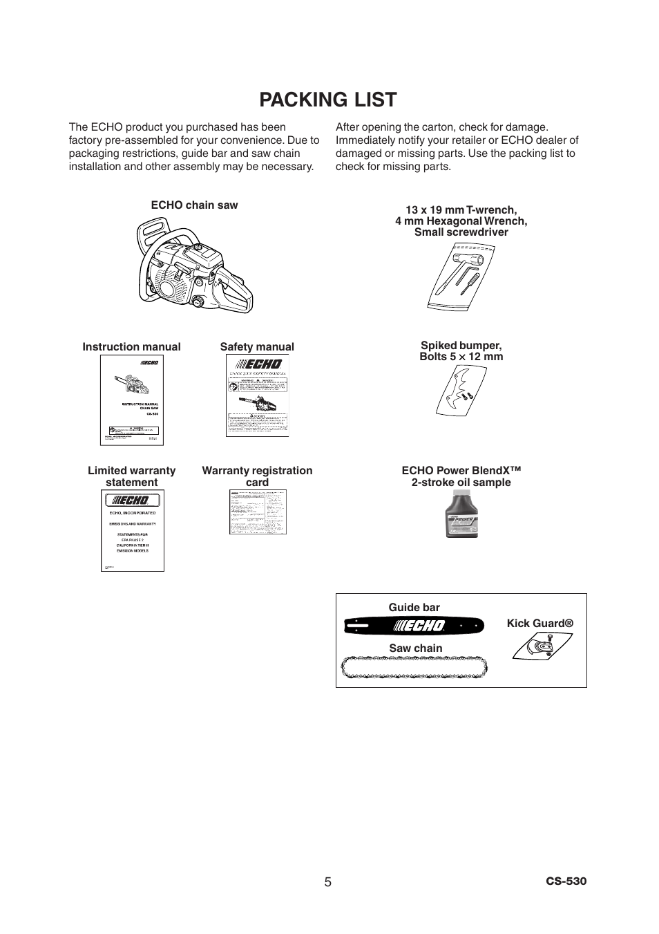 Packing list | Echo CS-530 User Manual | Page 7 / 32