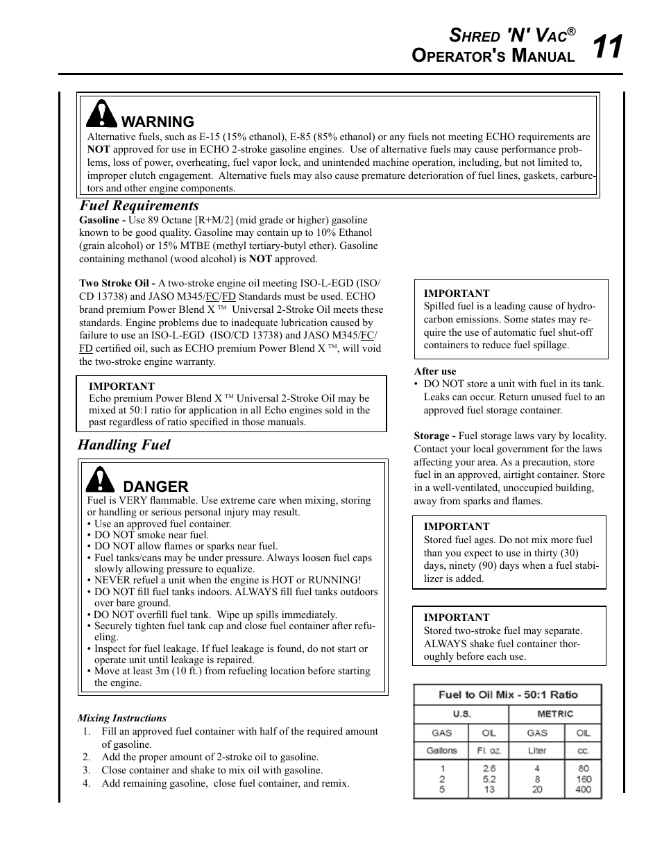 N' v, Handling fuel, Danger | Warning, Fuel requirements | Echo SHRED'N'VAC ES-210 User Manual | Page 11 / 32