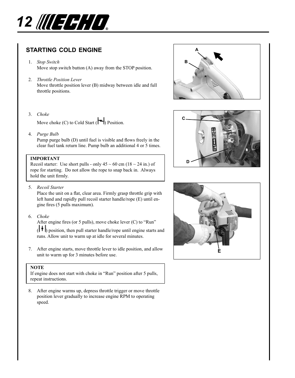 Starting cold engine | Echo SHRED'N'VAC ES-210 User Manual | Page 12 / 32