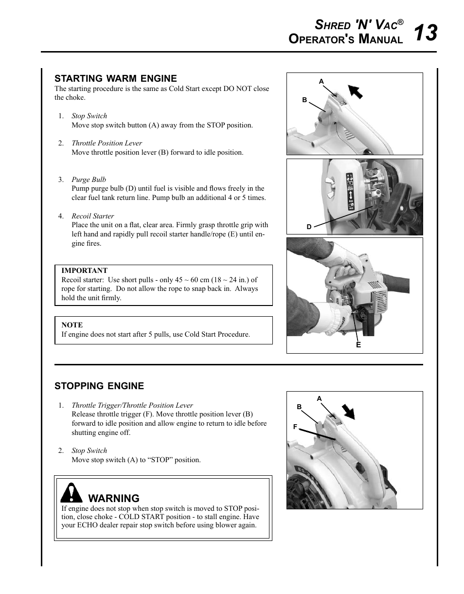 Starting warm engine, Stopping engine, N' v | Echo SHRED'N'VAC ES-210 User Manual | Page 13 / 32