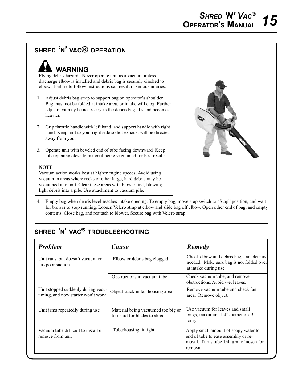 Shred ‘n’ vac® operation, Shred 'n' vac® troubleshooting, N' v | Echo SHRED'N'VAC ES-210 User Manual | Page 15 / 32