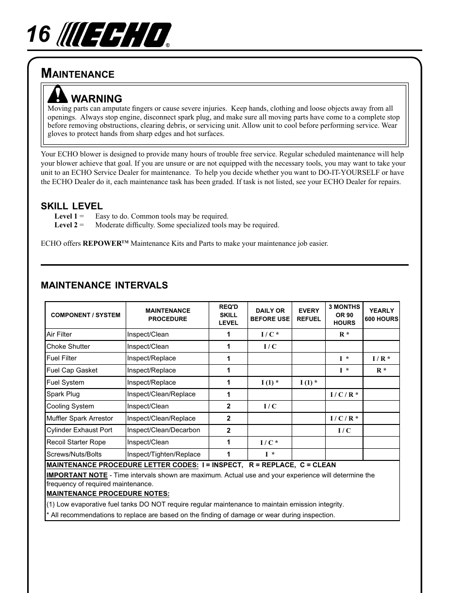 Maintenance, Warning, Skill | Level, Intervals, Aintenance | Echo SHRED'N'VAC ES-210 User Manual | Page 16 / 32