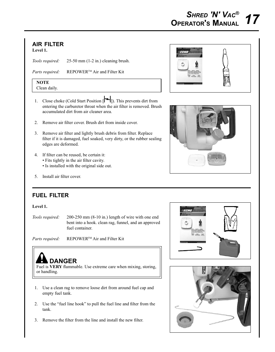 Air filter, Fuel filter, N' v | Echo SHRED'N'VAC ES-210 User Manual | Page 17 / 32