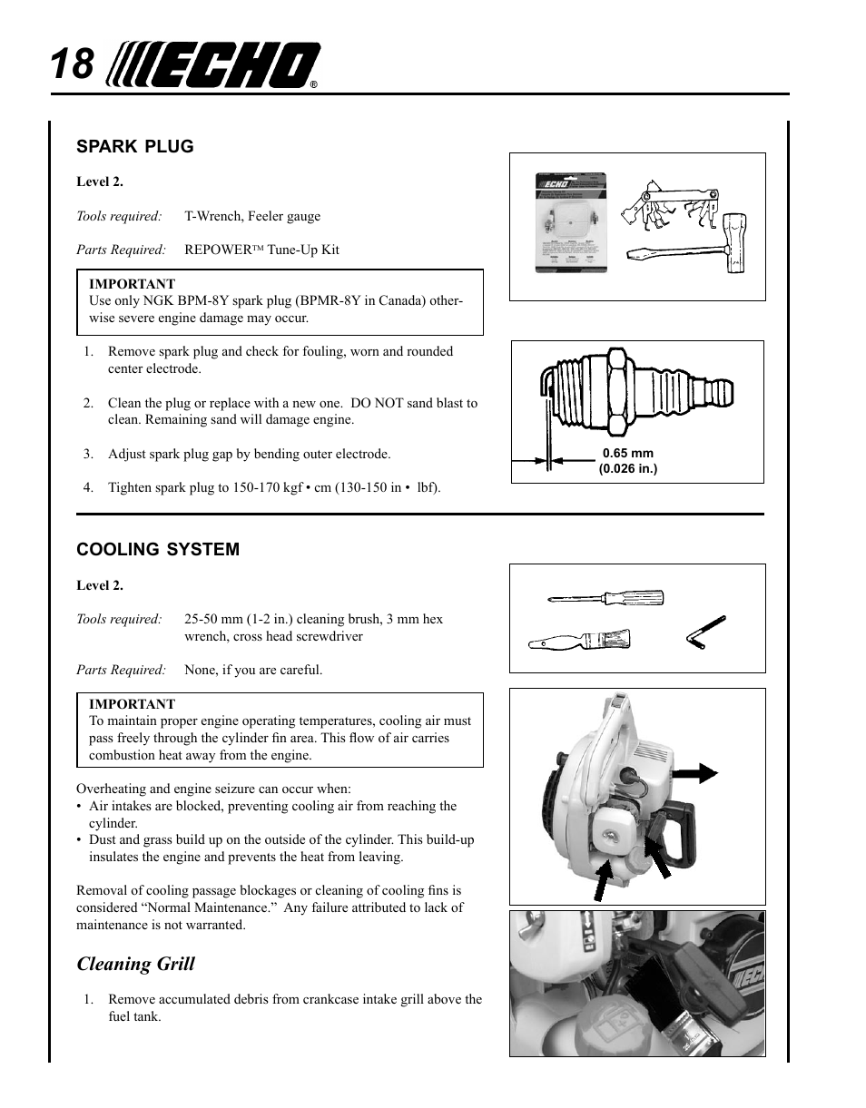 Spark plug, Cooling system, Cleaning grill | Echo SHRED'N'VAC ES-210 User Manual | Page 18 / 32