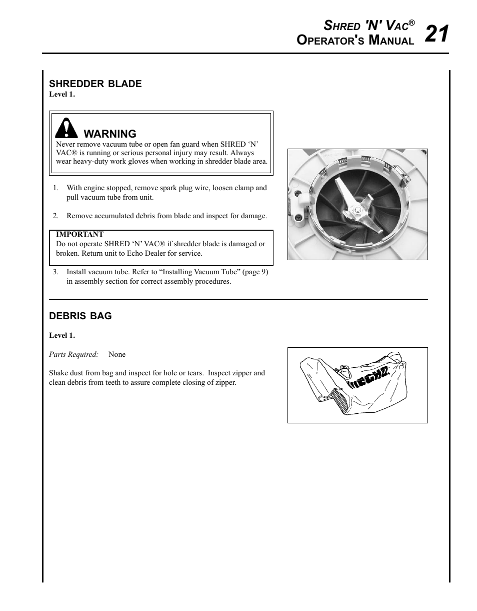 Shredder blade, Debris bag, N' v | Echo SHRED'N'VAC ES-210 User Manual | Page 21 / 32