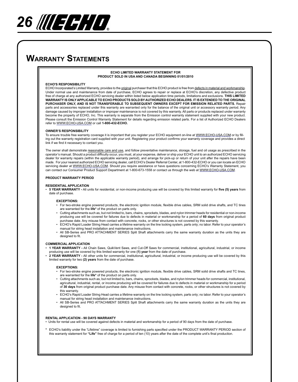 Warranty statements, Arranty, Tatements | Echo SHRED'N'VAC ES-210 User Manual | Page 26 / 32