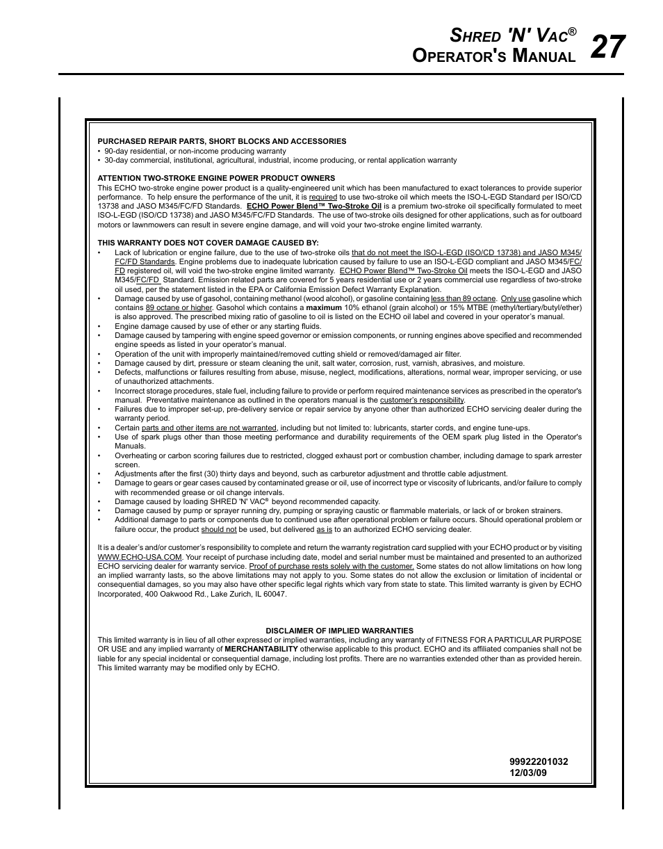 N' v, Hred, Perator | Anual | Echo SHRED'N'VAC ES-210 User Manual | Page 27 / 32