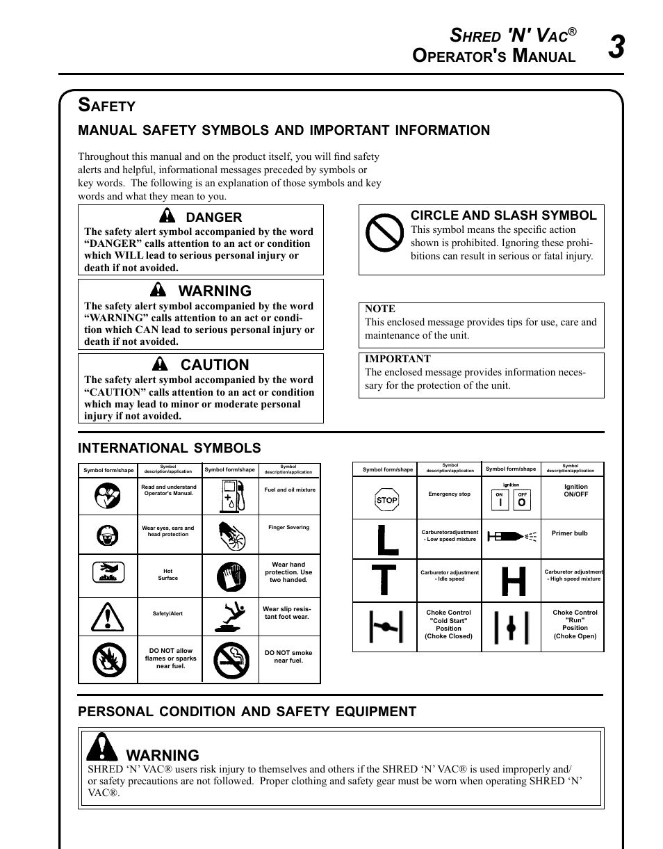 Safety, N' v, Warning | Caution, Hred, Perator, Anual international, Symbols, Personal, Condition | Echo SHRED'N'VAC ES-210 User Manual | Page 3 / 32