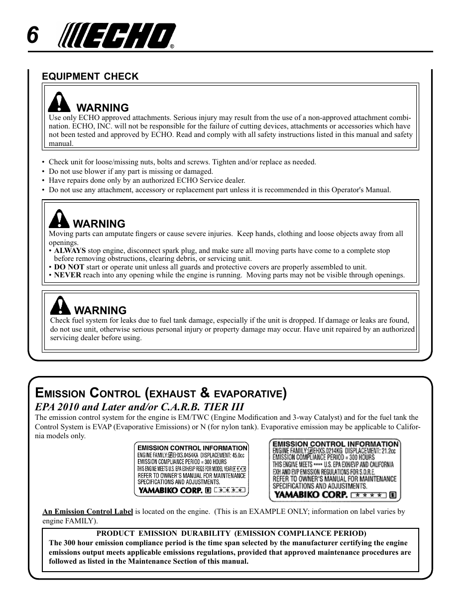 Emission control (exhaust & evaporative) | Echo SHRED'N'VAC ES-210 User Manual | Page 6 / 32