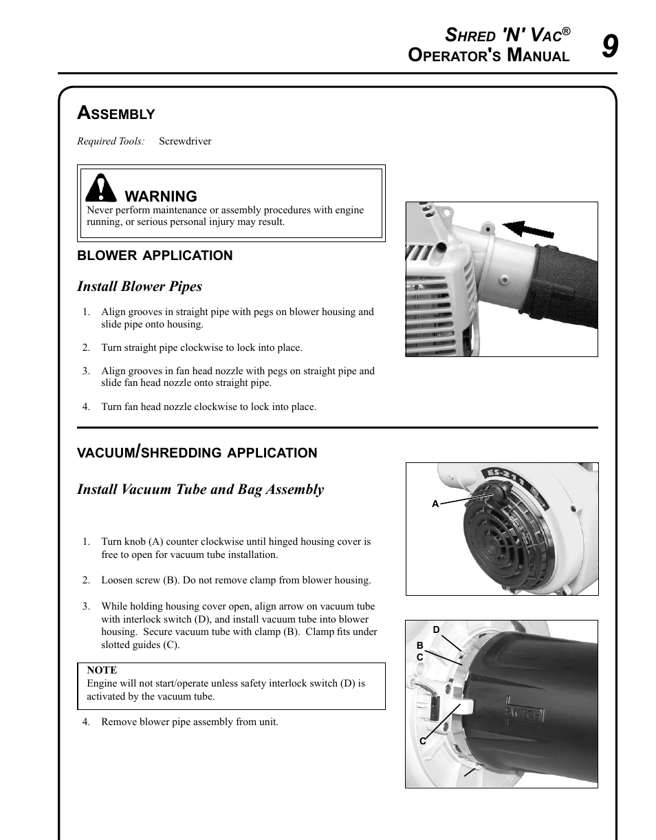 Assembly, Blower application, Vacuum/shredding application | N' v | Echo SHRED'N'VAC ES-210 User Manual | Page 9 / 32