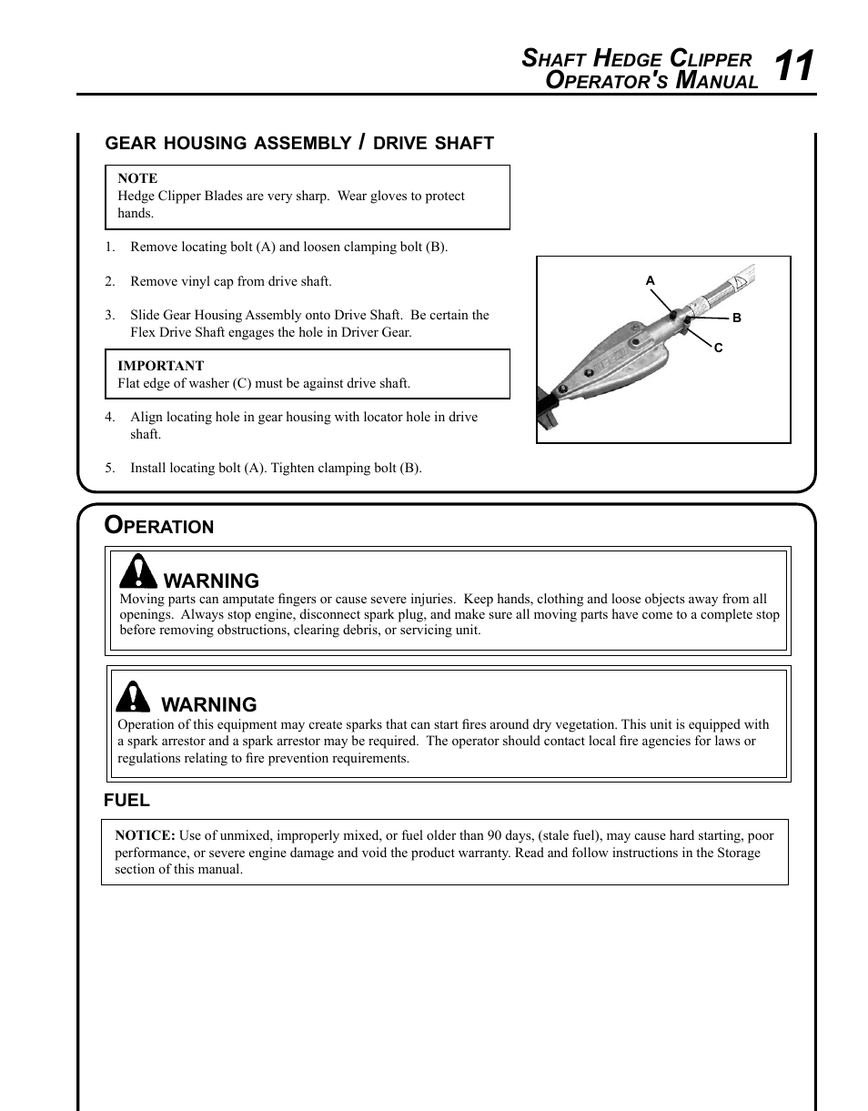 Gear housing assembly / drive shaft, Operation, Fuel | Echo SHC-265 User Manual | Page 11 / 32