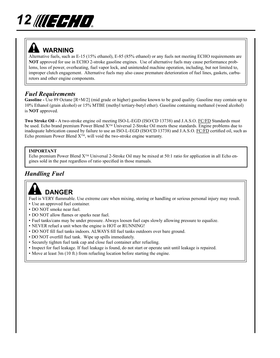 Warning, Fuel requirements, Handling fuel | Danger | Echo SHC-265 User Manual | Page 12 / 32