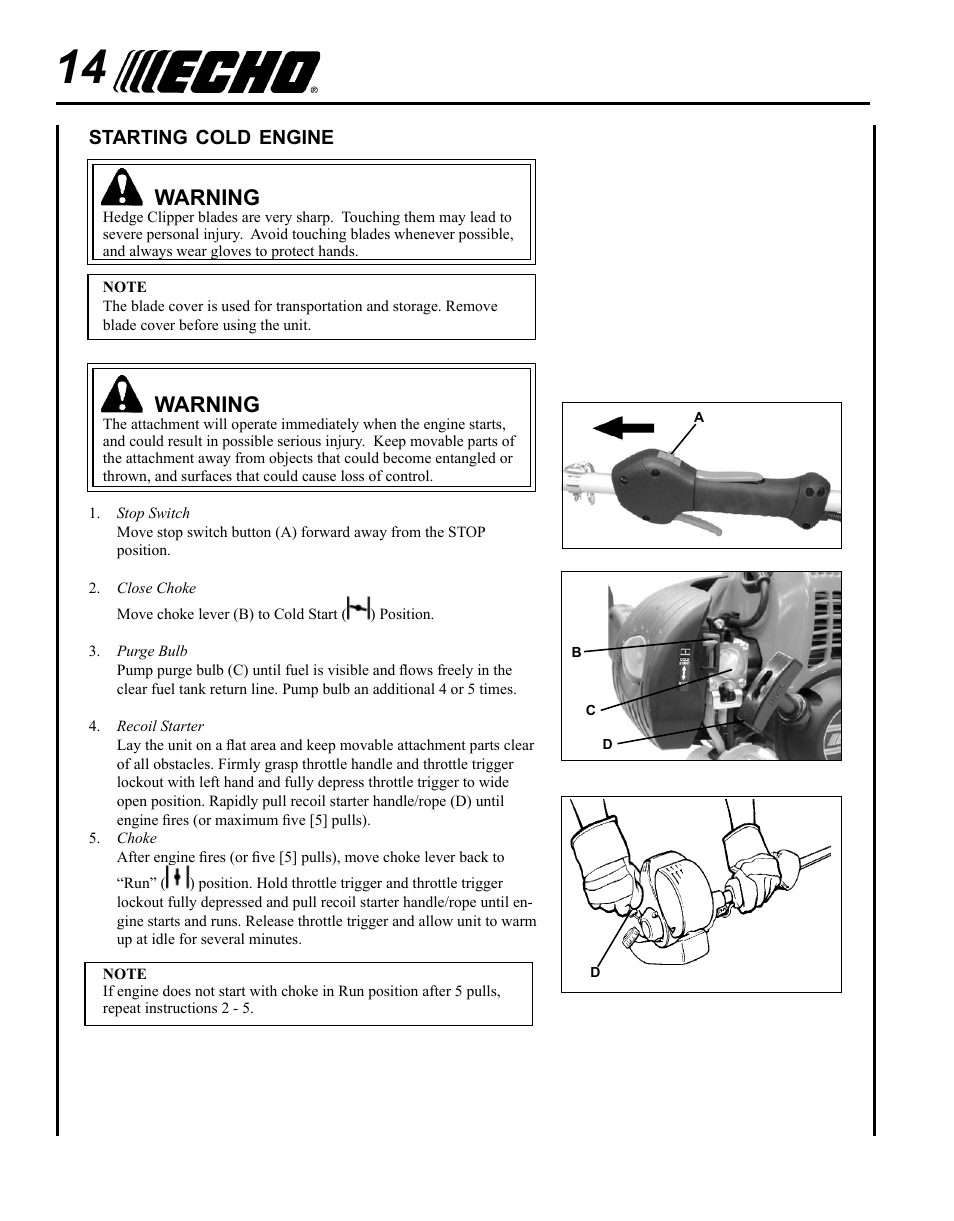 Starting cold engine, Warning | Echo SHC-265 User Manual | Page 14 / 32