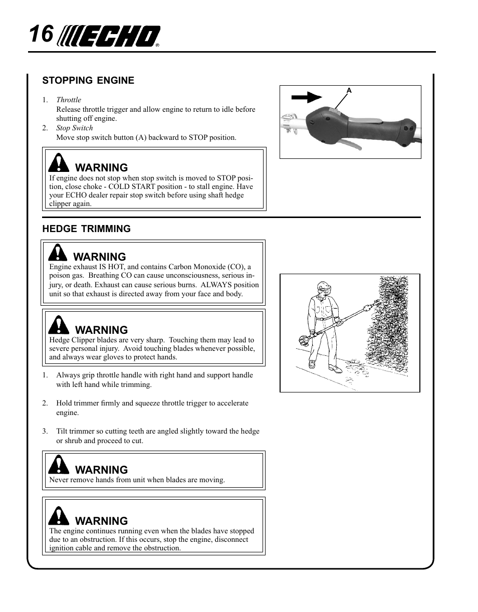 Stopping engine, Hedge trimming | Echo SHC-265 User Manual | Page 16 / 32