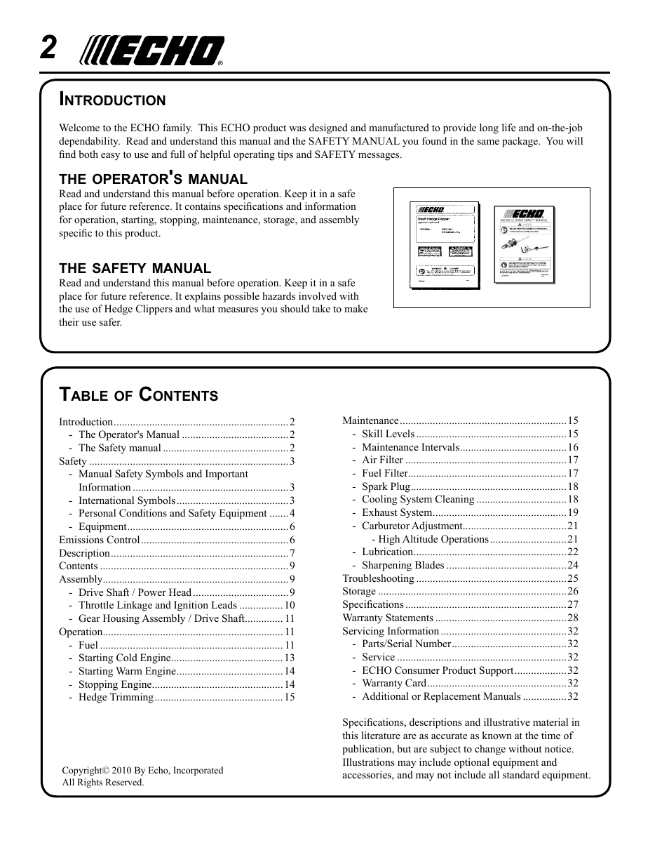 Echo SHC-265 User Manual | Page 2 / 32