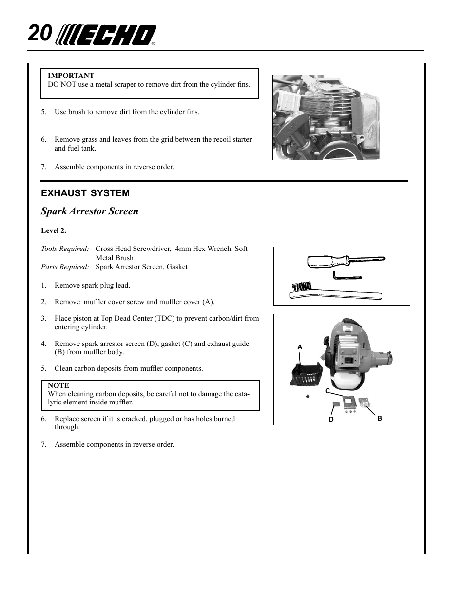 Exhaust system, Spark arrestor screen | Echo SHC-265 User Manual | Page 20 / 32