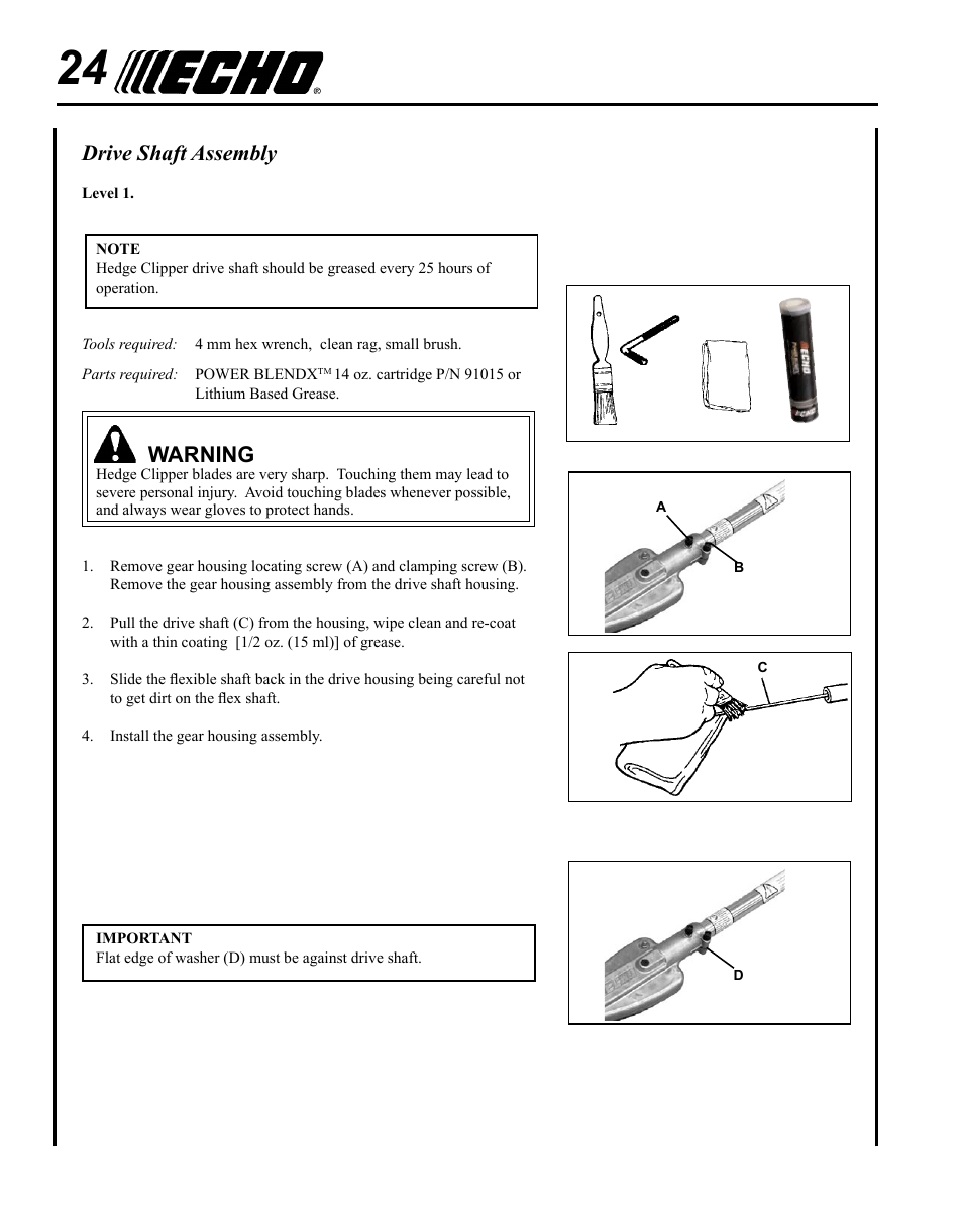 Drive shaft assembly, Warning | Echo SHC-265 User Manual | Page 24 / 32