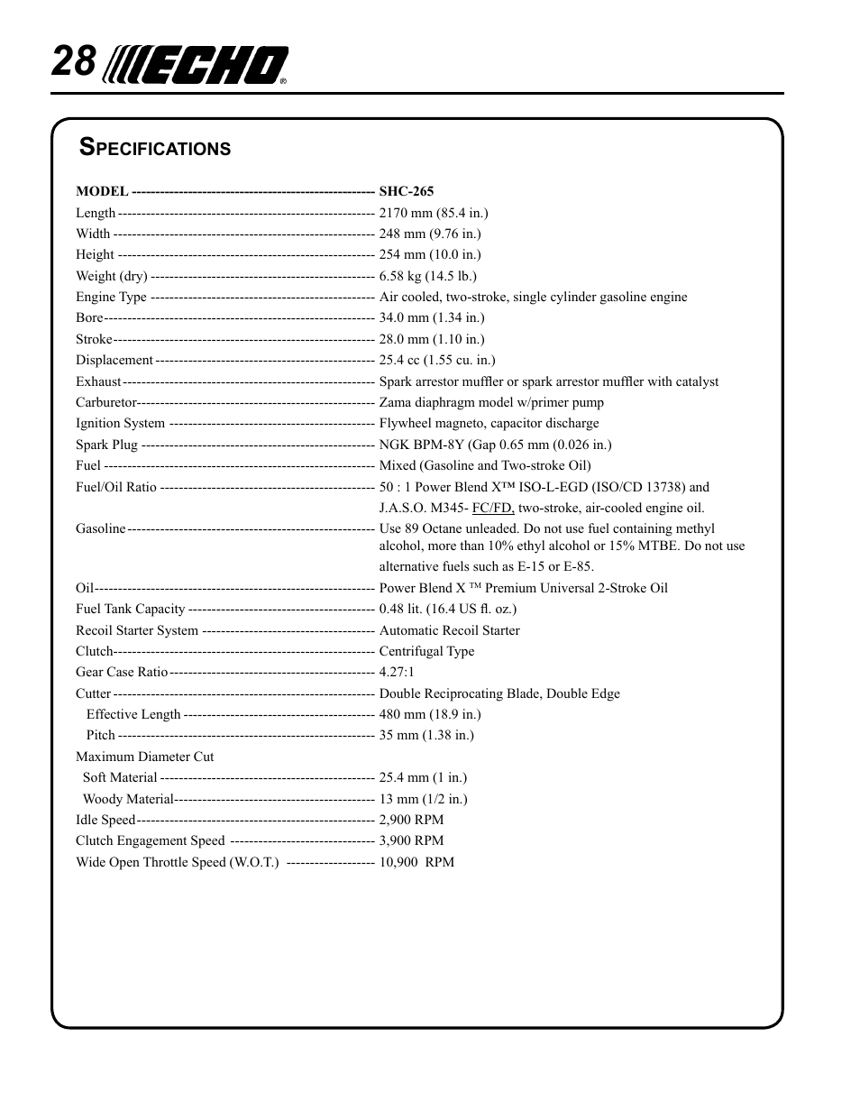 Specifications | Echo SHC-265 User Manual | Page 28 / 32