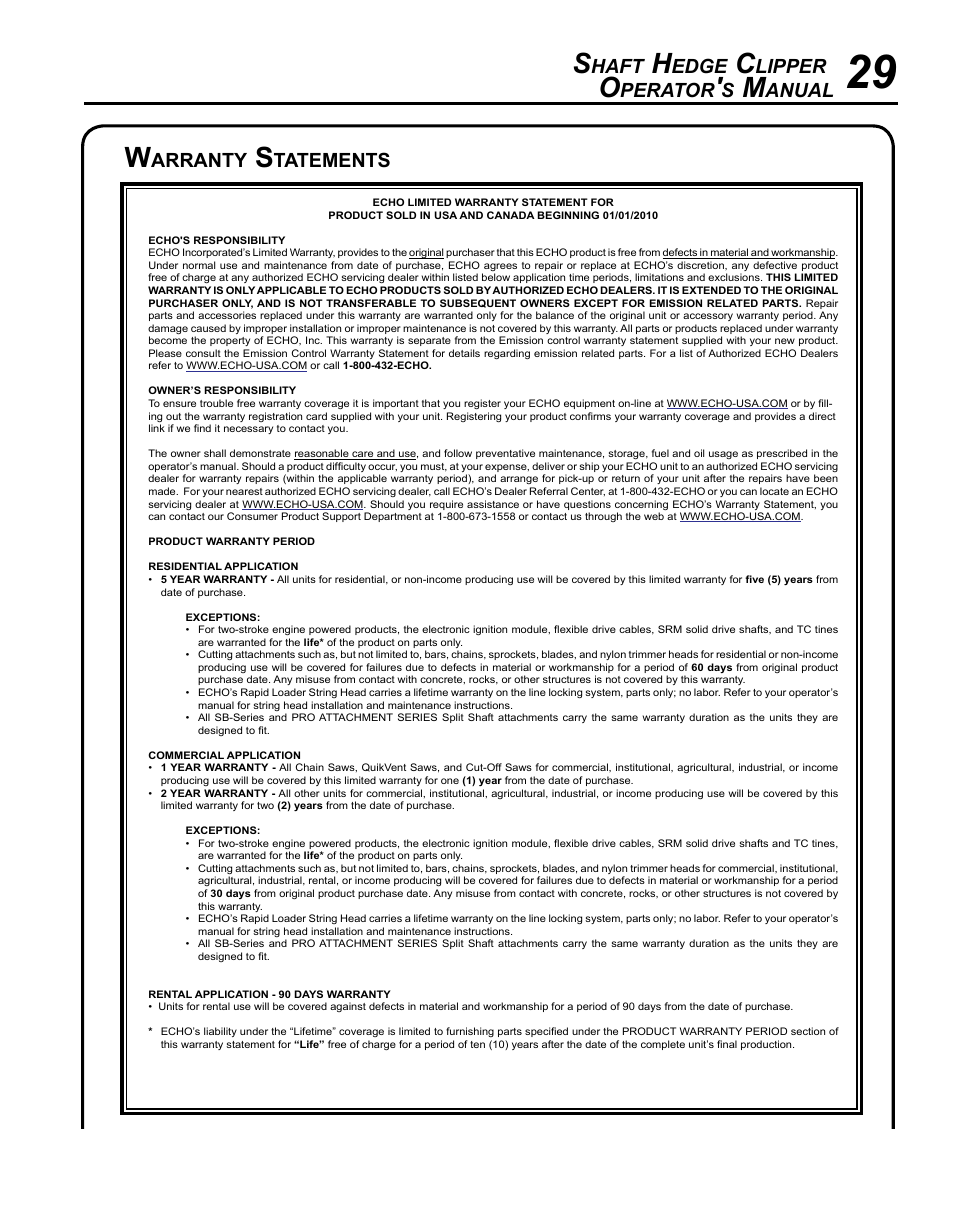 Warranty statements, Haft, Edge | Lipper, Perator, Anual, Arranty, Tatements | Echo SHC-265 User Manual | Page 29 / 32