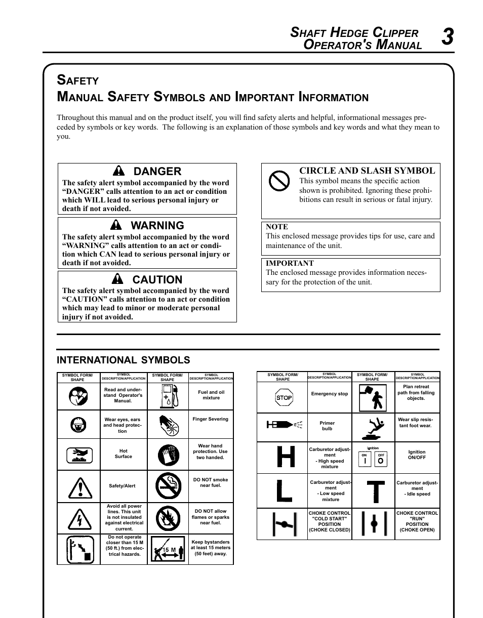 Safety, Warning, Caution | Danger, Haft, Edge, Lipper, Perator, Anual, International | Echo SHC-265 User Manual | Page 3 / 32