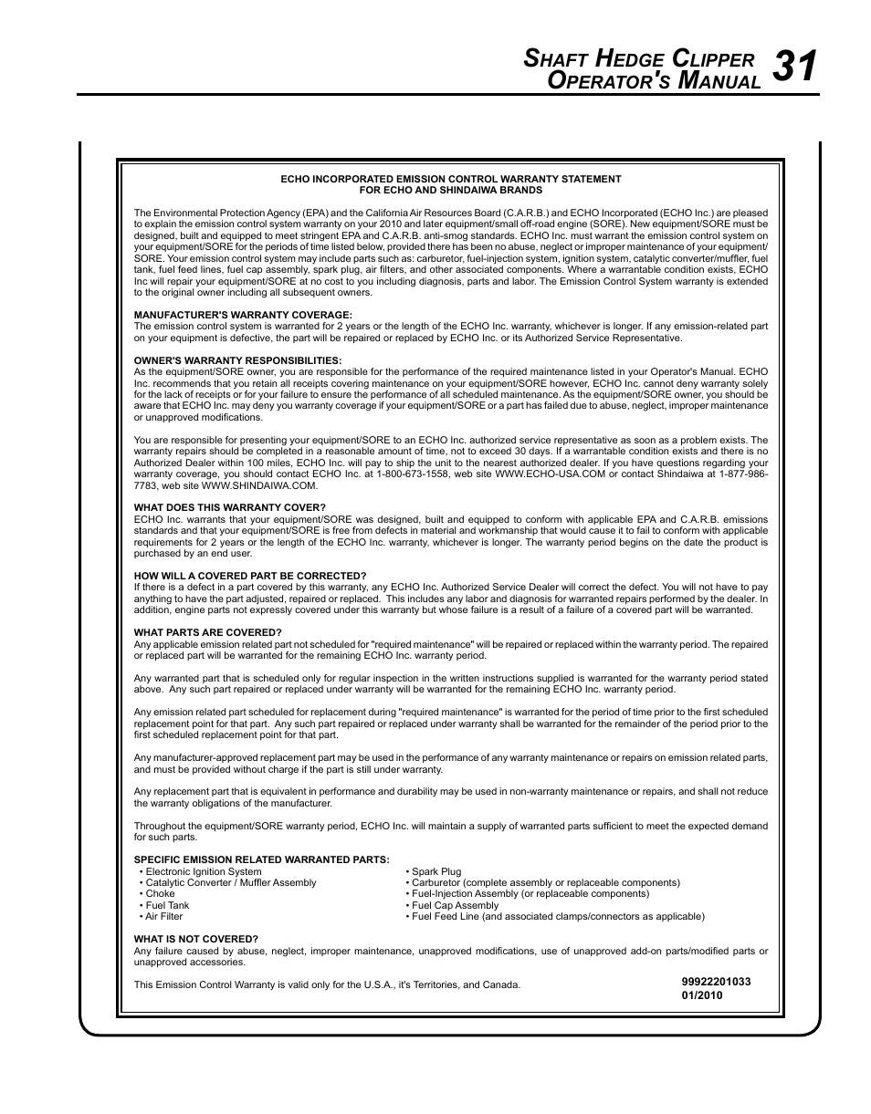 Haft, Edge, Lipper | Perator, Anual | Echo SHC-265 User Manual | Page 31 / 32