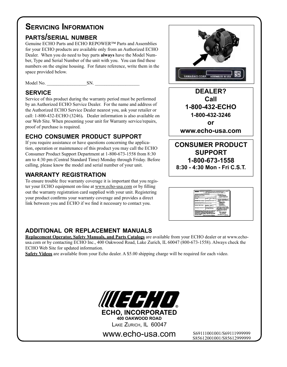 Servicing information | Echo SHC-265 User Manual | Page 32 / 32