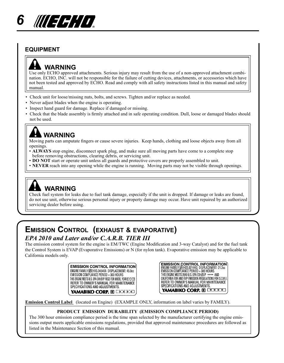 Emission control (exhaust & evaporative) | Echo SHC-265 User Manual | Page 6 / 32