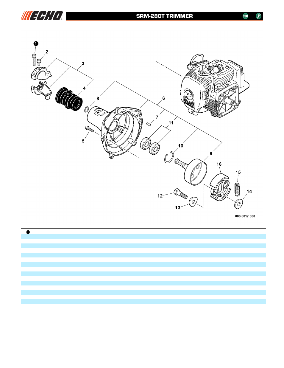 Fan case, clutch carcasa del ventilador, embrague, Srm-280t trimmer | Echo SRM-280T User Manual | Page 8 / 29