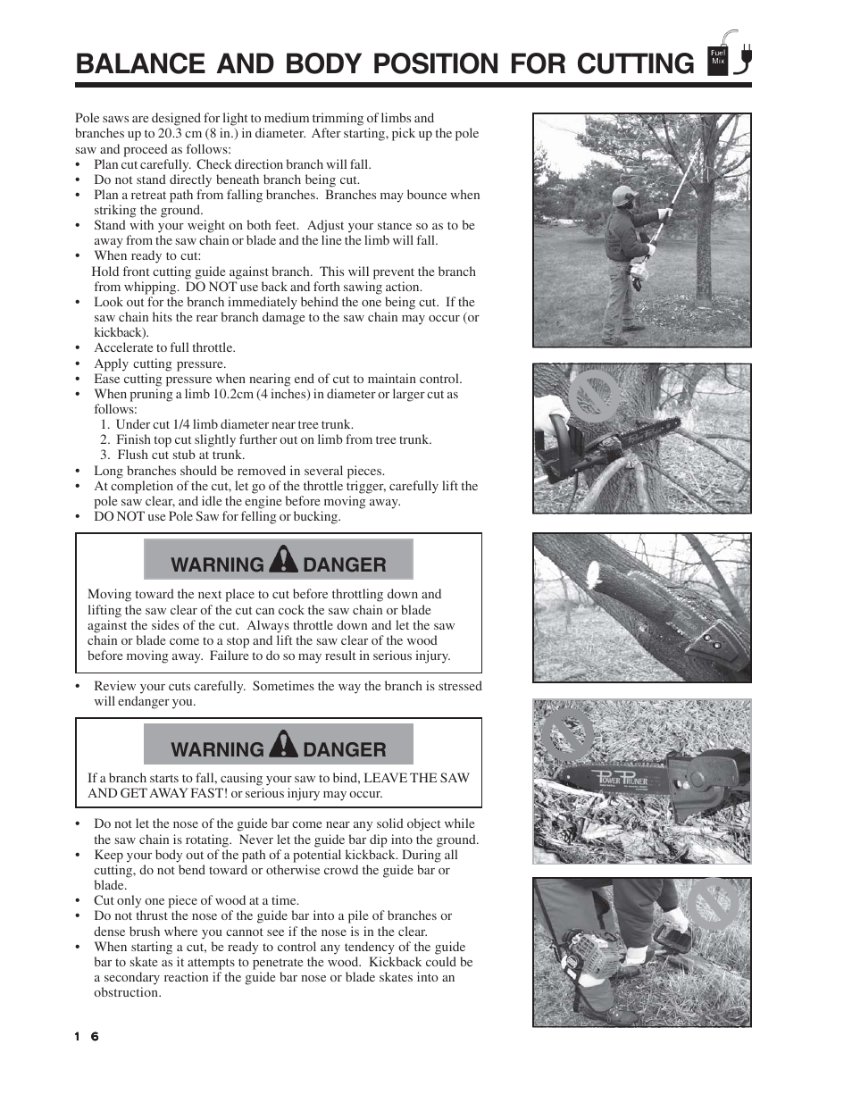 Balance and body position for cutting, Warning danger | Echo Pole Pruner User Manual | Page 16 / 24