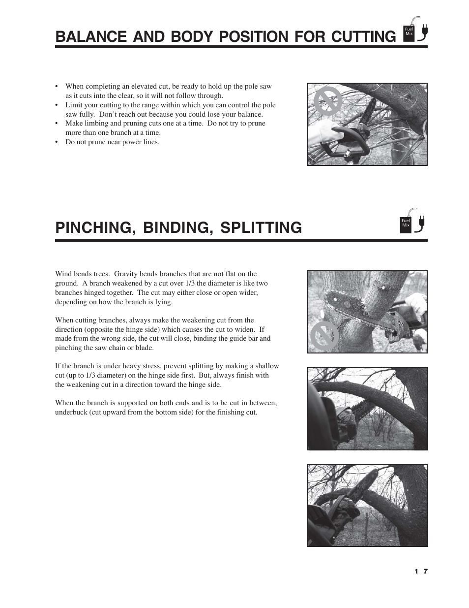 Balance and body position for cutting, Pinching, binding, splitting | Echo Pole Pruner User Manual | Page 17 / 24