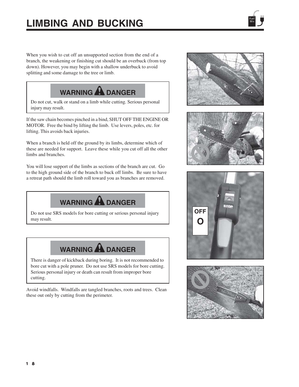 Limbing and bucking, Owarning danger, Warning danger | Echo Pole Pruner User Manual | Page 18 / 24