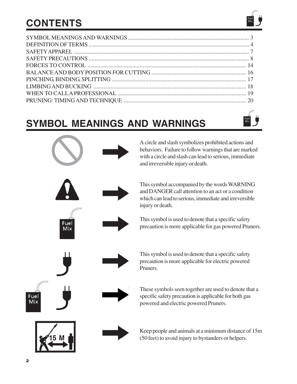 Symbol meanings and warnings contents | Echo Pole Pruner User Manual | Page 2 / 24