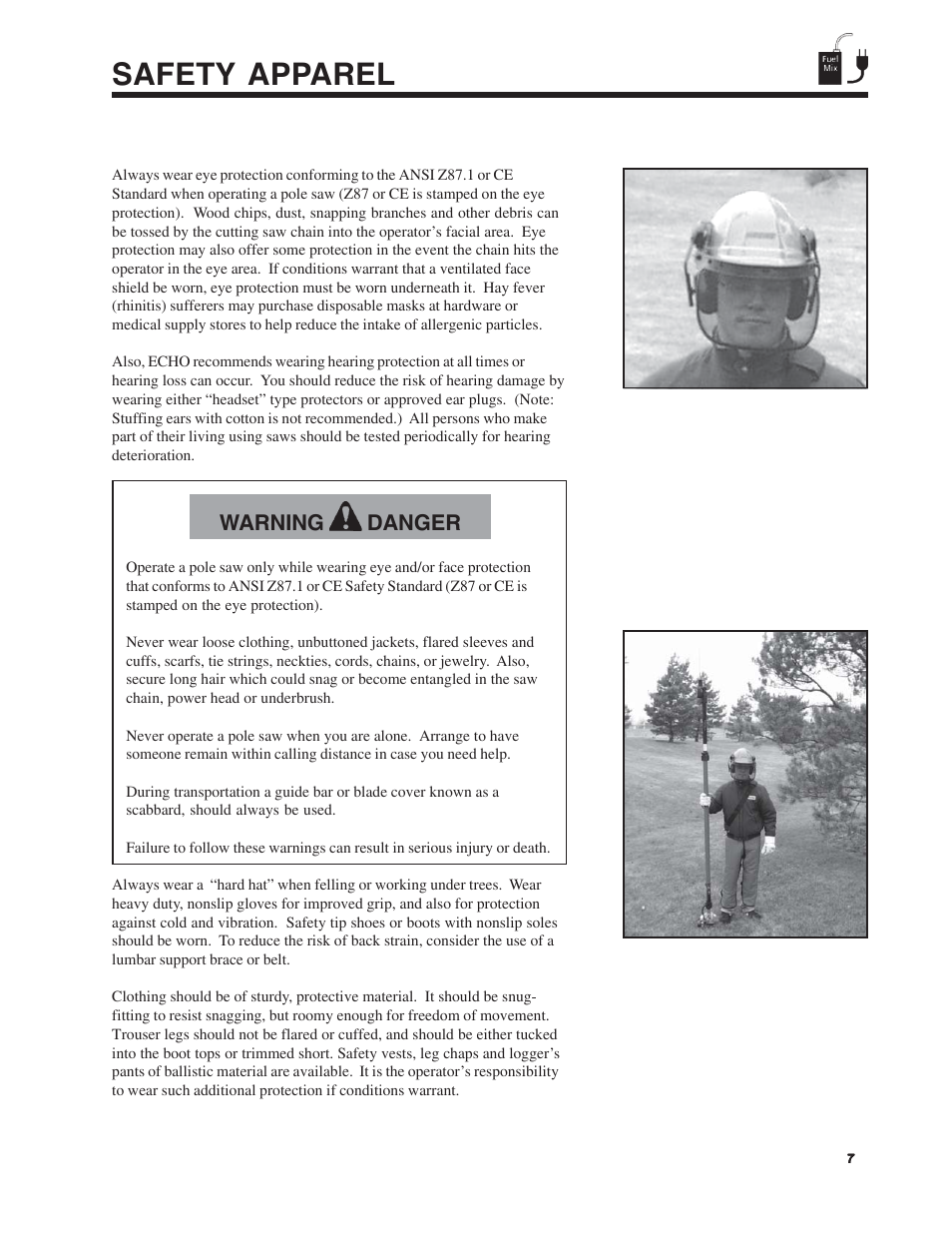 Safety apparel, Warning danger | Echo Pole Pruner User Manual | Page 7 / 24