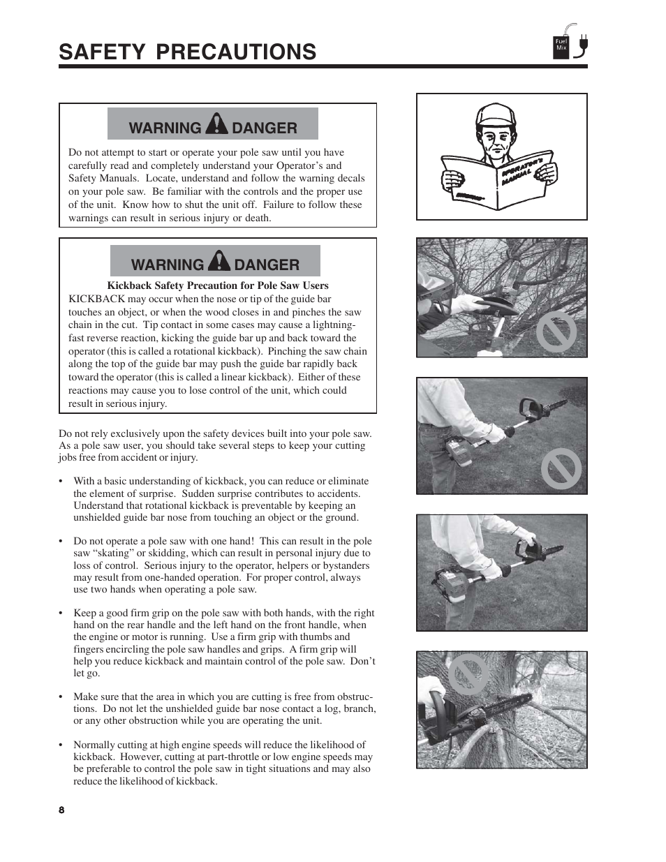 Safety precautions, Warning danger | Echo Pole Pruner User Manual | Page 8 / 24