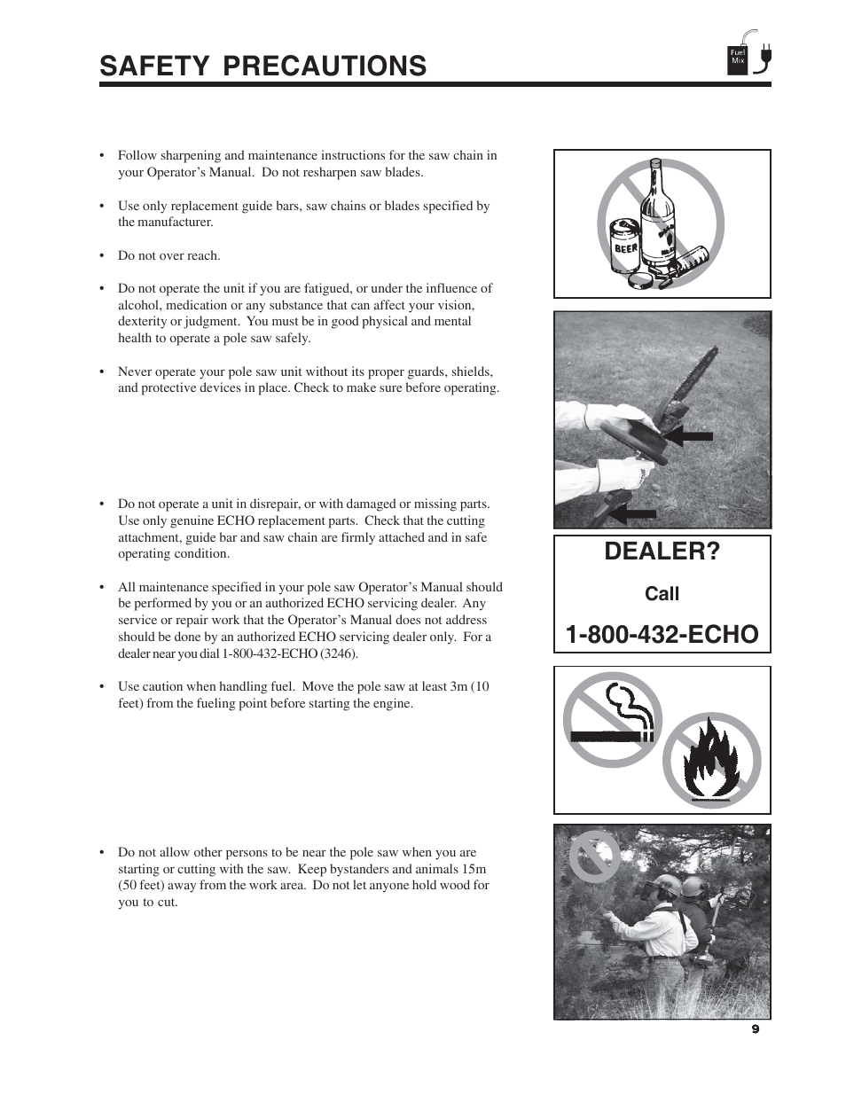Safety precautions, Dealer, Call | Echo Pole Pruner User Manual | Page 9 / 24